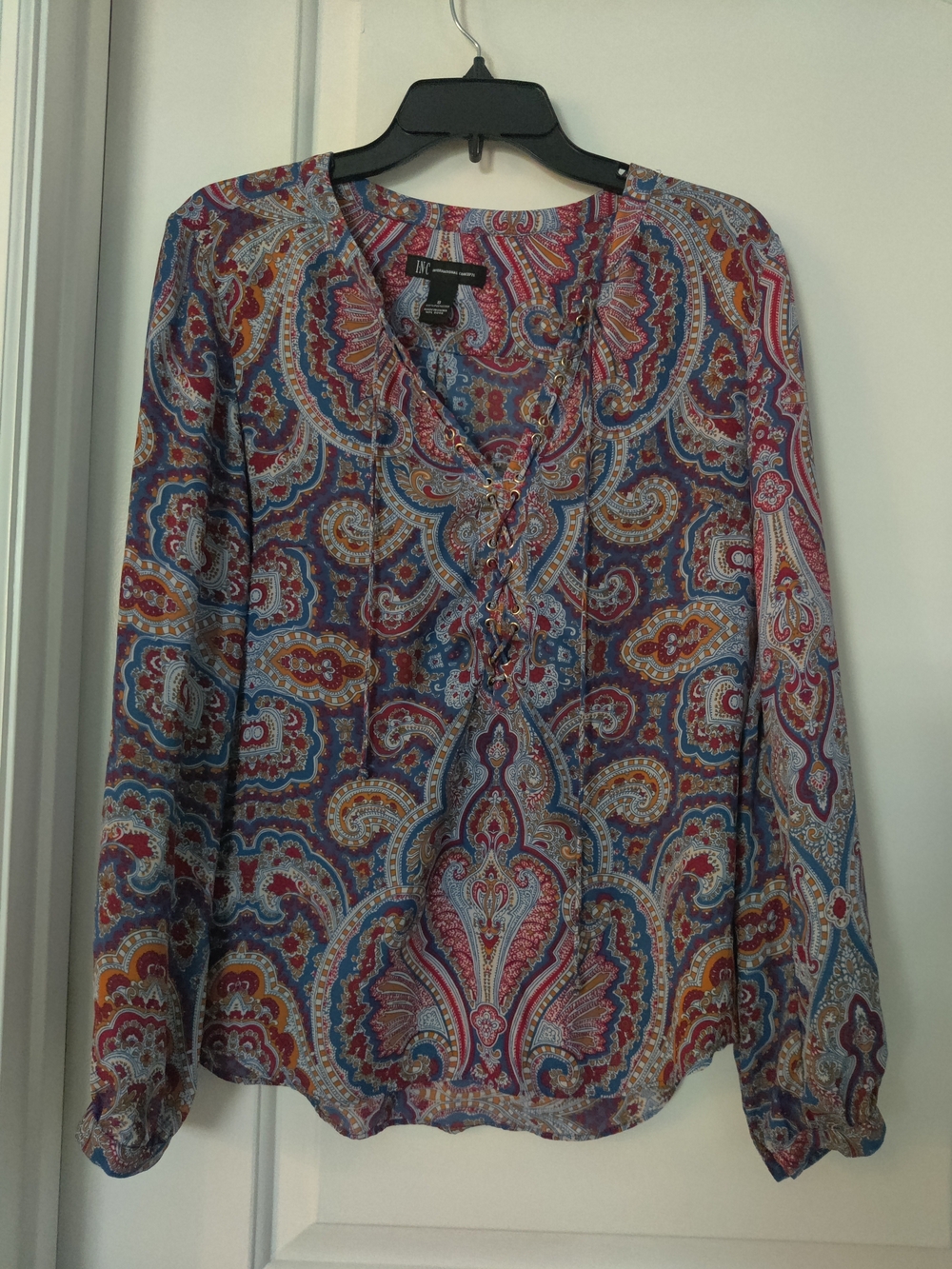 INC International Concepts Blue Multicolor Paisley Lace-Up Blouse